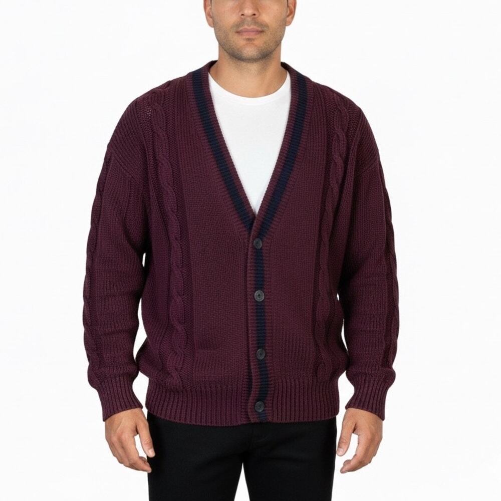 Vintage J. Riggings Cable-Knit Cardigan Sweater Mens M Maroon Vintage Preppy